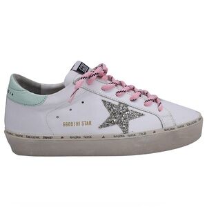 Golden Goose Women's Hi Star with platinum glitter star and aqua green heel tab